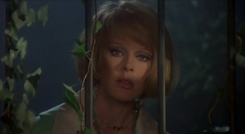 Lisa and The Devil (1973) movie still: closeup — A woman stands behind a dark wrought iron gate intertwined with leafy green vines. She peers…