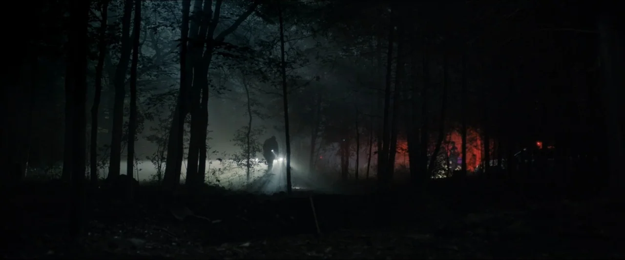 It Feeds (2025) movie still: wide — A dark, dense forest is obscured by thick night fog and shadow. A solitary figure stands between trees while…