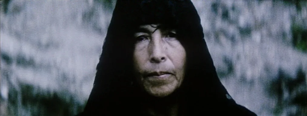 Japón (2002) movie still: closeup — A person stands in a forest with indistinct foliage visible in the out-of-focus background. The subject is…
