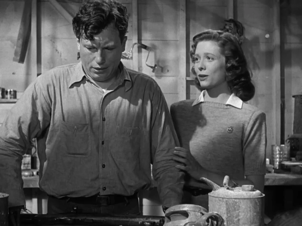 The Best Years of Our Lives (1946) movie still: medium — A cluttered workshop with wood panel walls and various metallic tools on the table. A man…