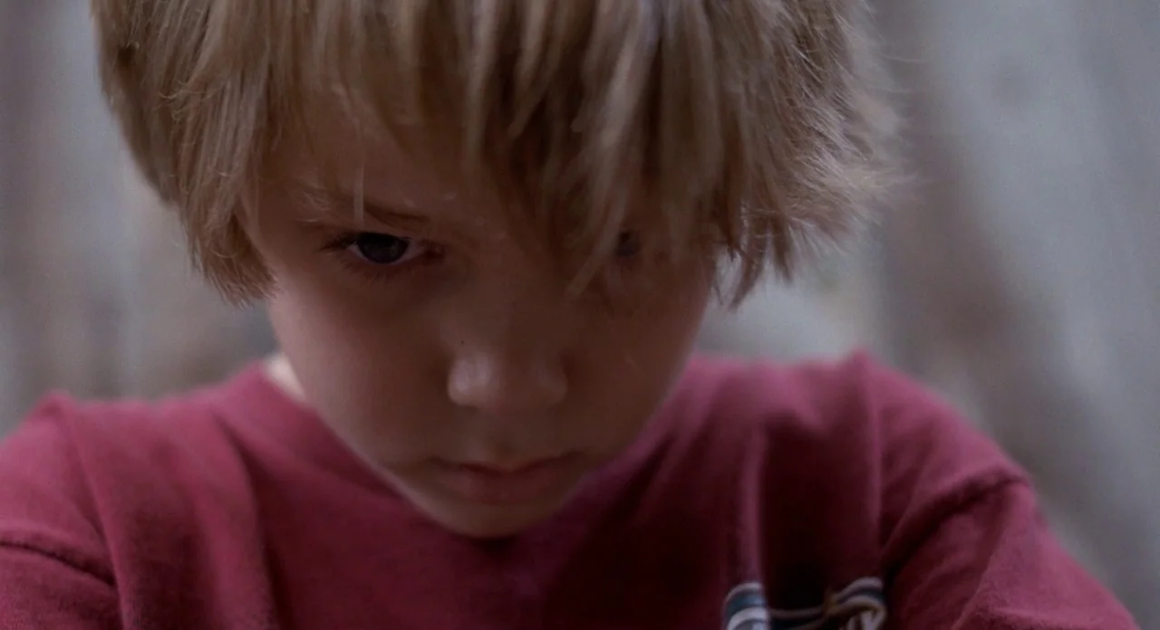 Boyhood (2014) movie still: closeup — An outdoor setting provides a soft, out-of-focus background for the subject. A young child stares directly…