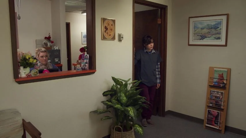 Touchy Feely (2013) movie still: wide — A small medical or professional reception area with off-white walls and office furniture. A woman in a…