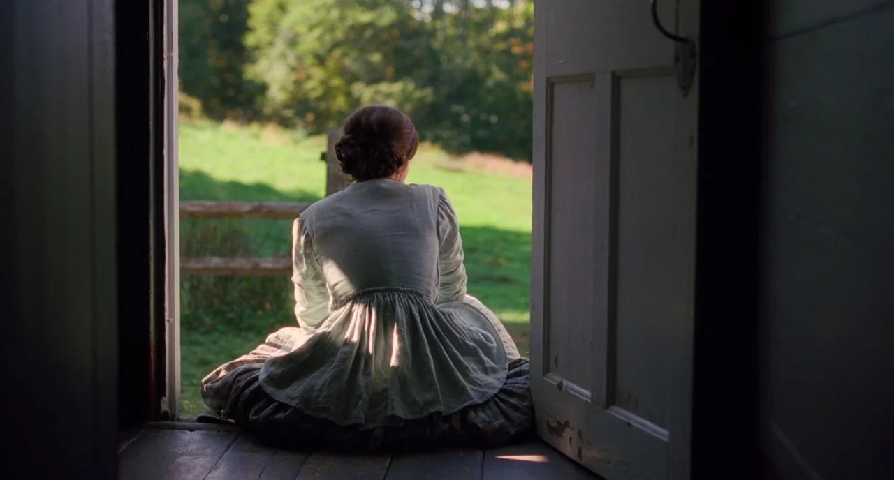 Little Women (2019) movie still: medium — A woman sits on the wooden floor inside a doorway looking out. The view outside shows a grassy hillside…
