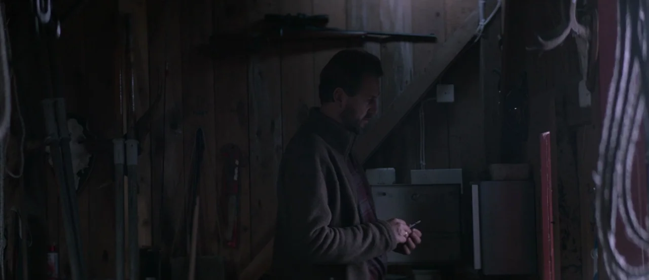 Thelma (2017) movie still: medium — A dimly lit rustic interior with wooden paneling walls and assorted tools stored away. A man in a brown fleece…