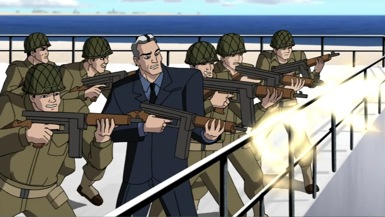 Justice League: The New Frontier (2008) movie still: medium — A naval vessel deck overlooking a beach with soldiers standing in a firing line. A man…