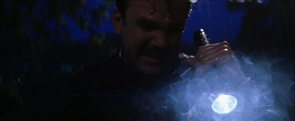 Magnolia (1999) movie still: closeup — A man stands in the dark outdoors during a heavy rainstorm at night. He directs the bright beam of a handheld…