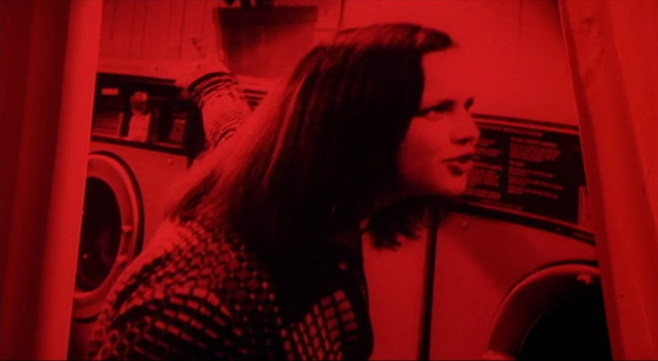 Pecker movie still: medium — A dark, cramped laundromat with rows of industrial washing machines and a potted plant. A young woman with dark hair…