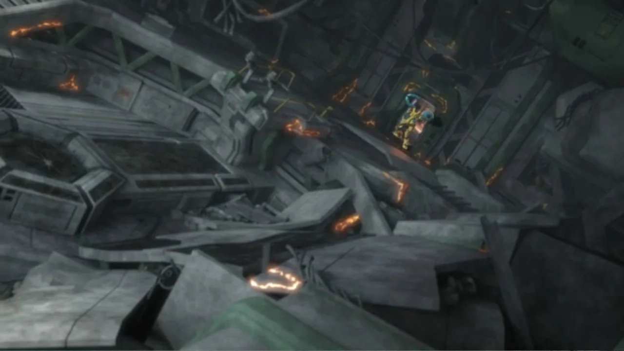 Max Steel: Team Turbo (2016) movie still: wide — The interior of a devastated hangar is filled with piles of crushed metallic debris. A lone small…