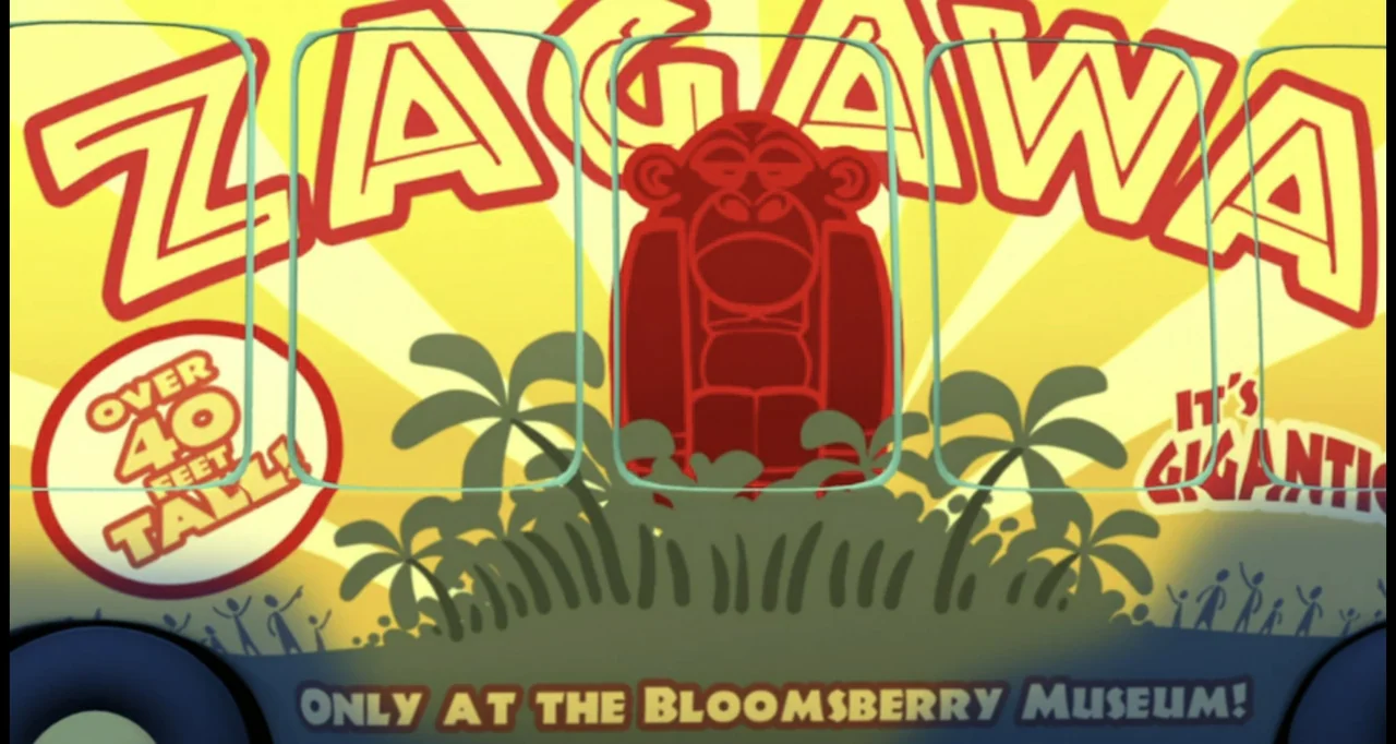 Curious George (2006) movie still: establishing — A bus side features a large, colorful advertisement for a museum exhibit called Zagawa. The…