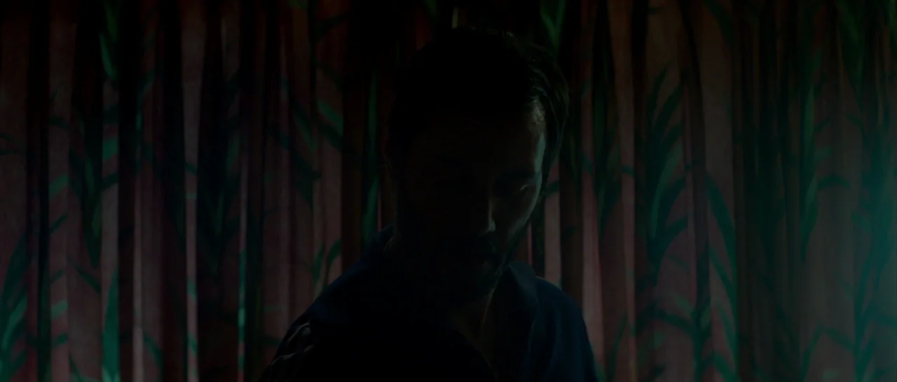 The Neon Demon (2016) movie still: medium — A dimly lit room with patterned curtains featuring green leaf designs on red fabric. A bearded man…