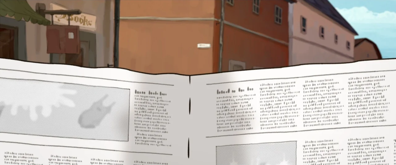 The Ape Star (2021) movie still: closeup — An open newspaper is held in the foreground against a blurred town exterior. Simple buildings with…