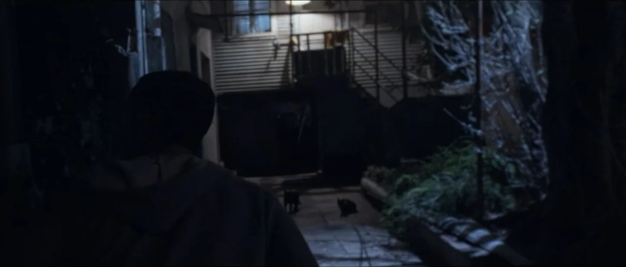 Gunman (2025) movie still: medium — A dark residential courtyard shows a building exterior with a lit stairwell at night. A person in a hoodie looks…
