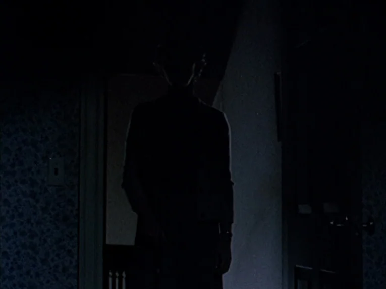 Marnie (1964) movie still: medium — A dark, narrow interior passageway features floral-patterned wallpaper on one side. A solitary dark figure…