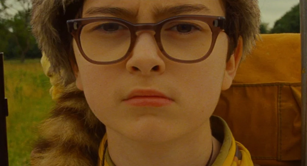 Moonrise Kingdom (2012) movie still: closeup — A young boy wearing a coonskin cap stands outside in a grassy meadow. He looks forward with a steady…