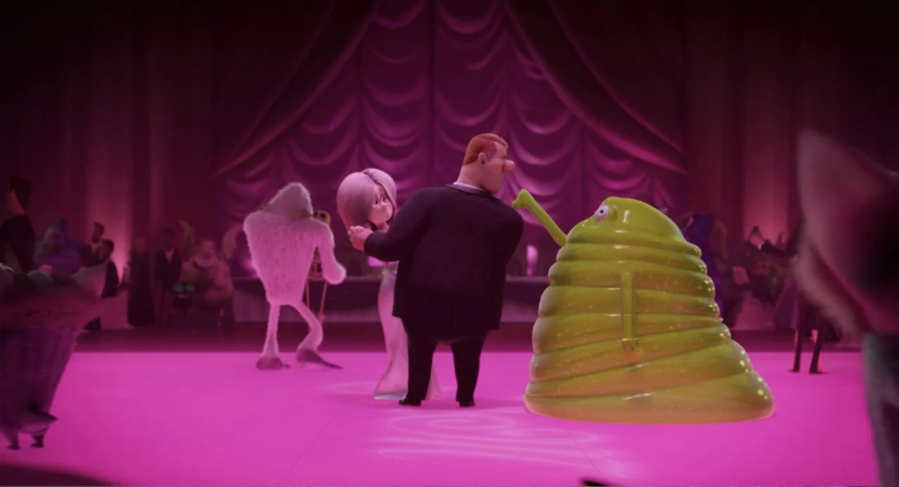 Hotel Transylvania 2 (2015) movie still: fullbody — A grand interior room features draped curtains and a polished floor under magenta lighting. A…