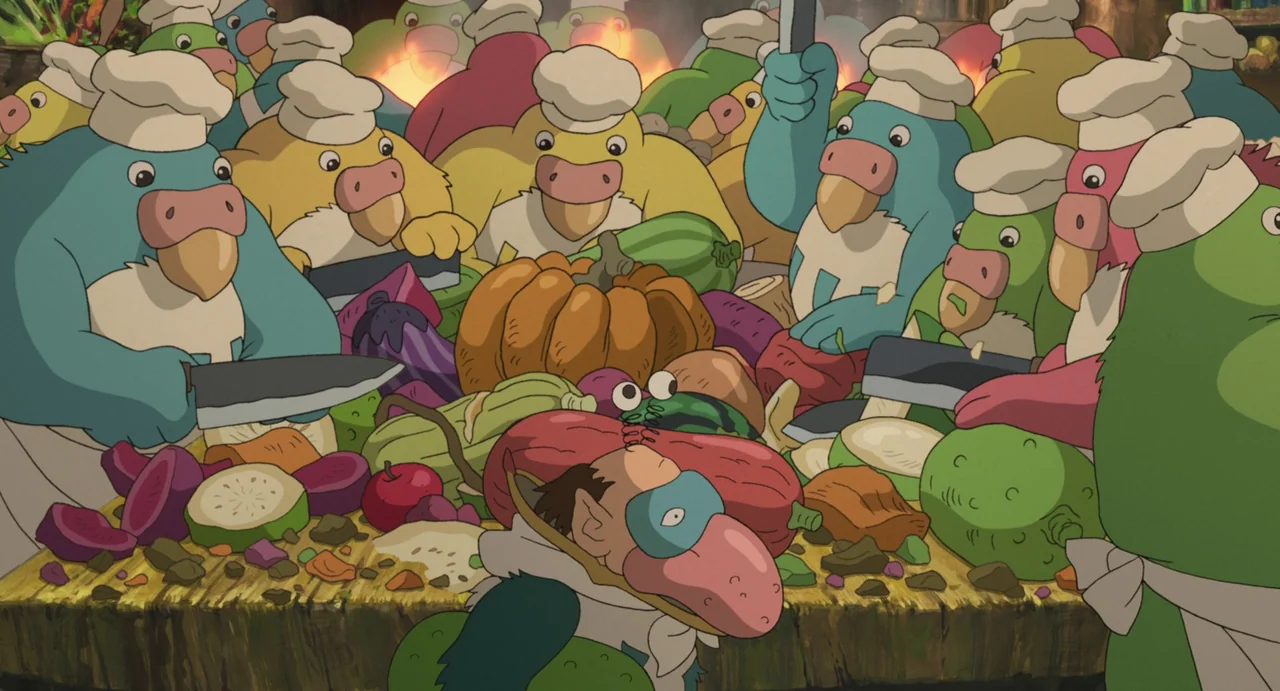The Boy and The Heron (2023) movie still: medium — A crowded kitchen counter covered in fresh vegetables and chopped produce. Many colorful…