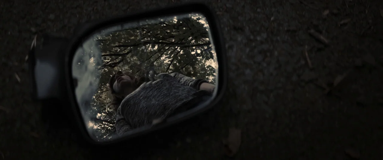 The Hole in the Ground (2019) movie still: closeup — A detached side-view car mirror lies face up on a patch of dirt. The mirror reflects a woman…