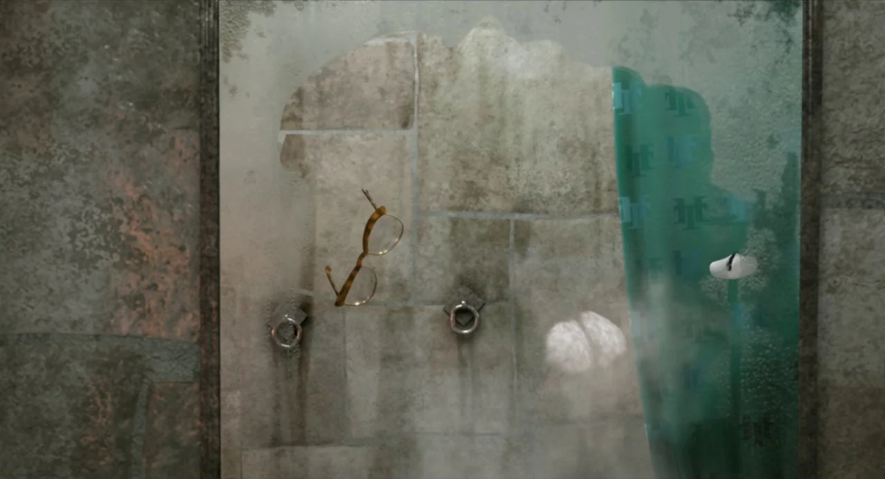 Hotel Transylvania movie still: closeup — A stone-tiled shower area features metal hooks and a translucent, patterned green curtain.…