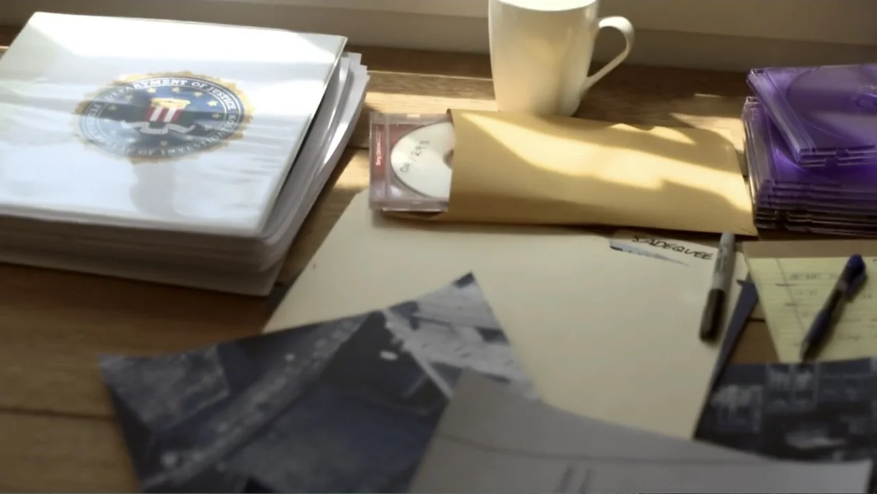 Homegrown: The Counter-Terror Dilemma (2016) movie still: closeup — A wooden desk surface holds an FBI-marked binder, a CD in a mailing envelope,…