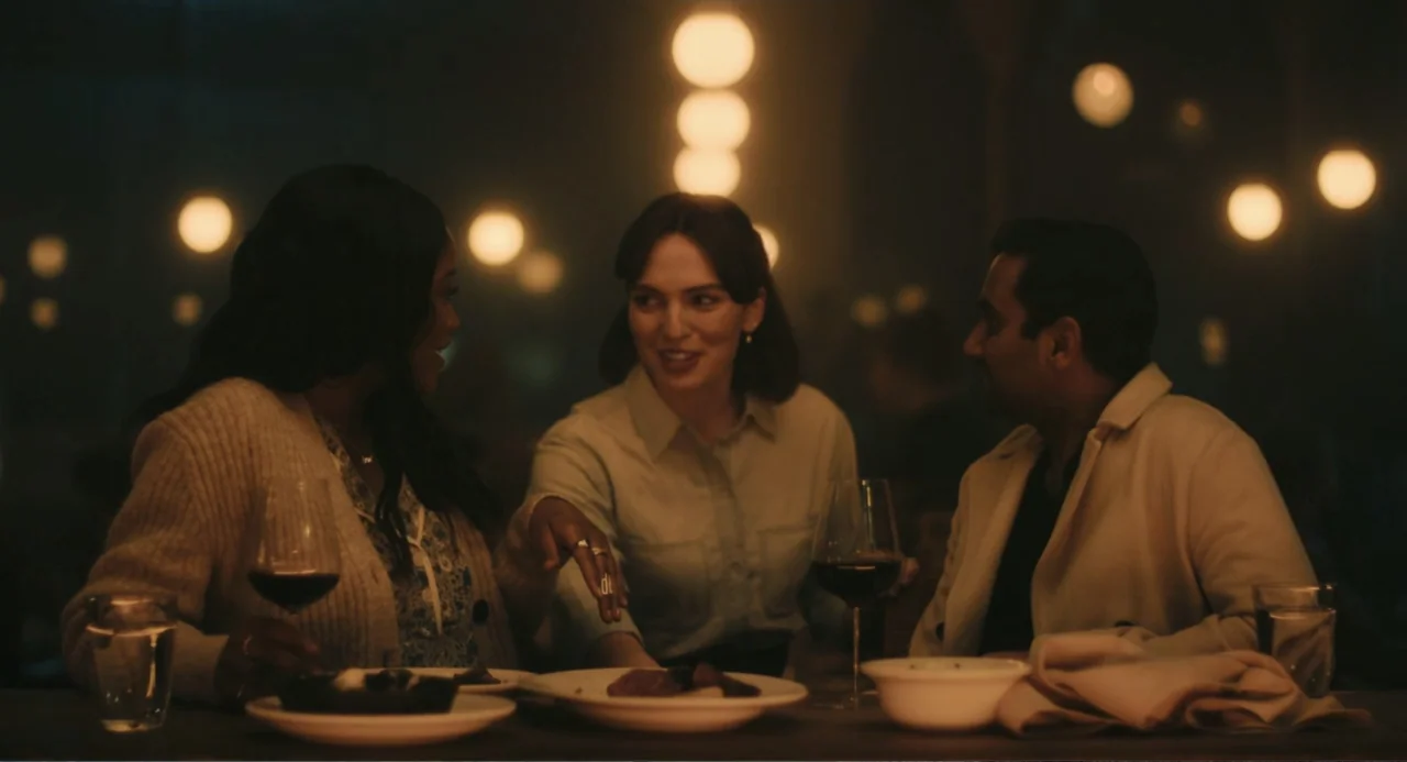 Good Fortune (2025) movie still: medium — A dim, warm-lit restaurant booth with a table holding glasses and dinner plates. Three individuals sit…