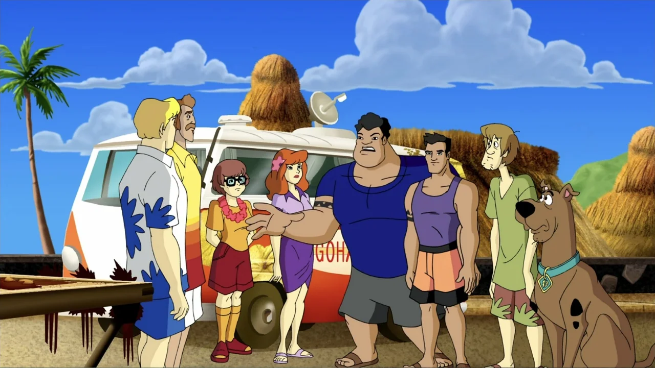 Aloha Scooby-Doo! (2005) movie still: fullbody — A group of eight characters stands on a sandy terrain near a custom van. They are positioned…