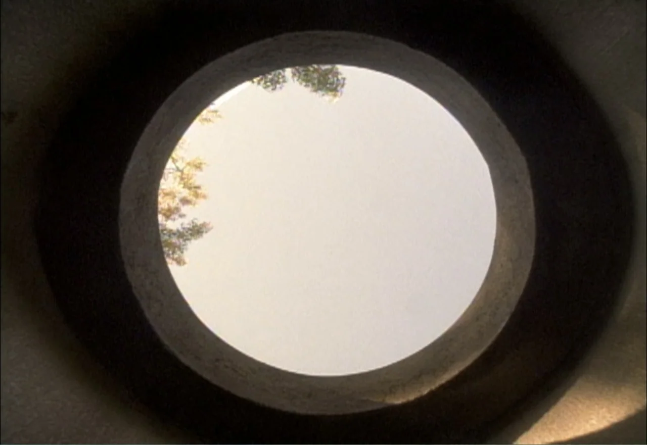 Ambushed (1998) movie still: establishing — A circular stone opening viewed from below reveals a small patch of sky. Tree branches extend slightly…