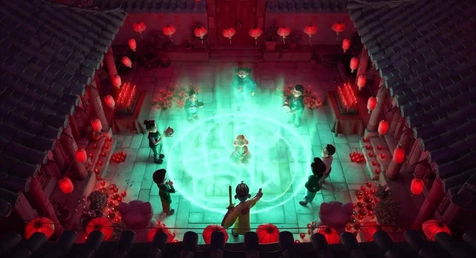 Turning Red (2022) movie still: wide — A stone courtyard features red lanterns hanging from eaves under the dark night sky. Several figures stand in…
