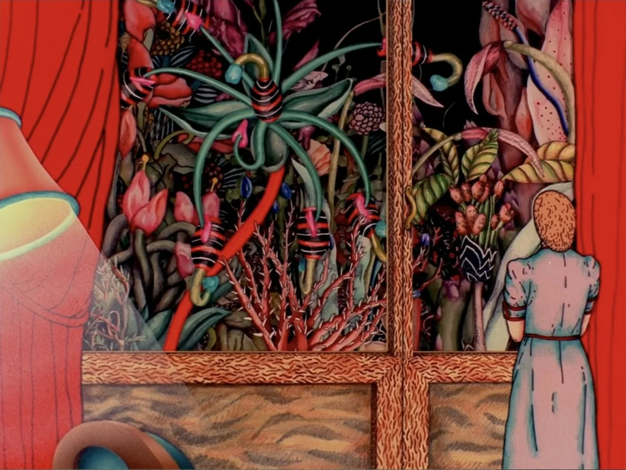 Asparagus (2007) movie still: medium — An interior bedroom with bright red curtains framing a view of exotic dark plants. A woman stands in profile…
