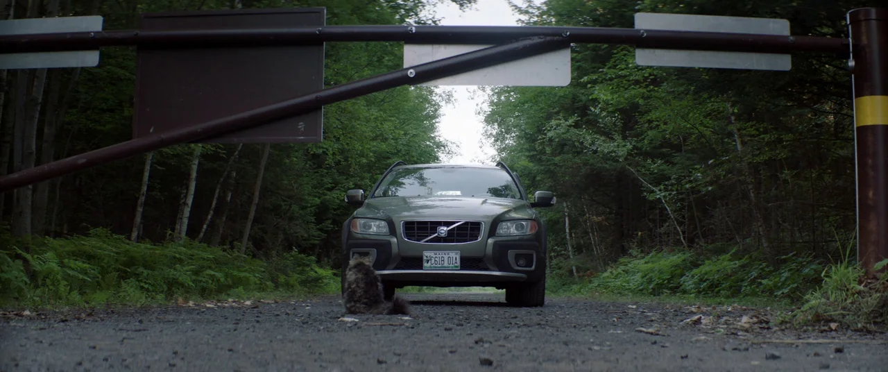 Pet Sematary (2019) movie still: wide — A green Volvo SUV is parked on a narrow dirt road beneath a lowered gate. A small cat sits in the center of…