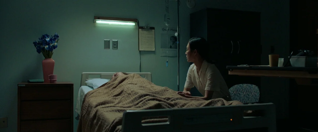 Minari (2020) movie still: medium — A hospital room contains a patient in bed and a seated visitor. Blue irises in a vase sit on a wooden bedside…