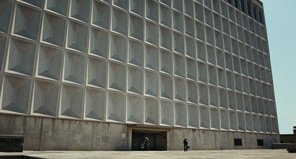 Burn After Reading (2008) movie still: establishing — A massive Brutalist office building features a repetitive geometric grid of recessed concrete…