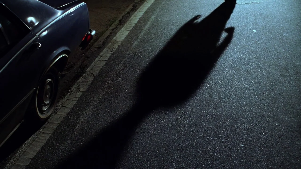 The Thin Blue Line (1988) movie still: wide — A dark, asphalt road is illuminated by a single harsh, cold overhead streetlamp. A human shadow…