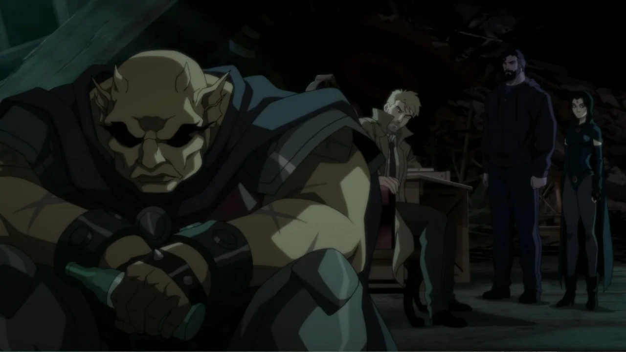 Justice League Dark: Apokolips War (2020) movie still: medium — A dimly lit, cluttered interior space with exposed brick and dark architectural…