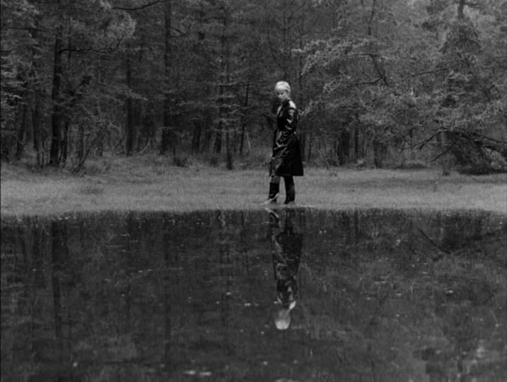 Persona (1966) movie still: wide — A dark, dense forest stands behind a grassy clearing next to a still pool. A woman in a dark coat stands at the…
