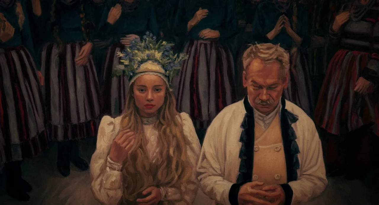 The Peasants (2023) movie still: medium — A dimly lit room filled with people dressed in traditional folk clothing. A young woman and an older man…