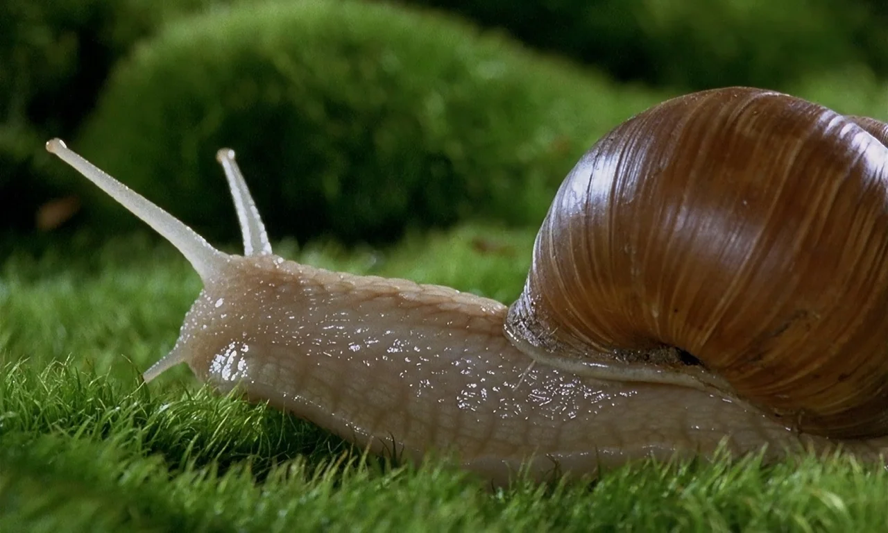 Microcosmos (1996) movie still: closeup — A brown-shelled snail moves slowly across a thick patch of bright green moss. The soft-bodied snail…