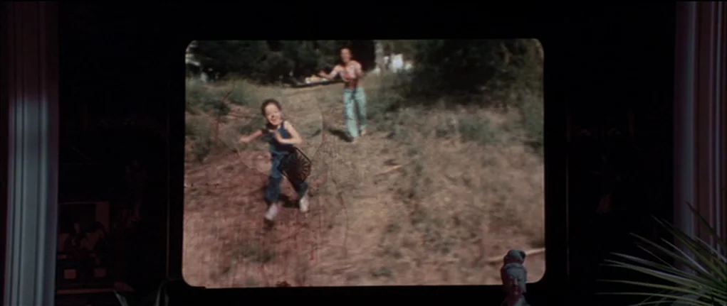 Demon Seed (1977) movie still: medium — A projected 8mm film plays on a screen, depicting two people outdoors on a grassy path. The frame captures…