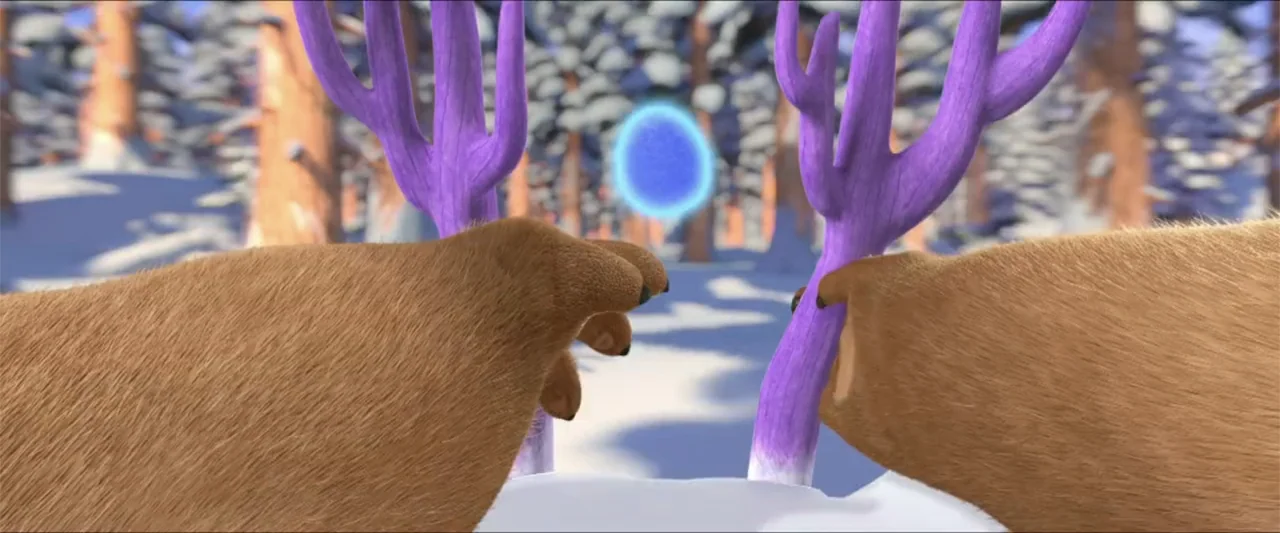 Boonie Bears: A Mystical Winter (2015) movie still: closeup — A stylized landscape features purple trees and snow-covered ground under bright…