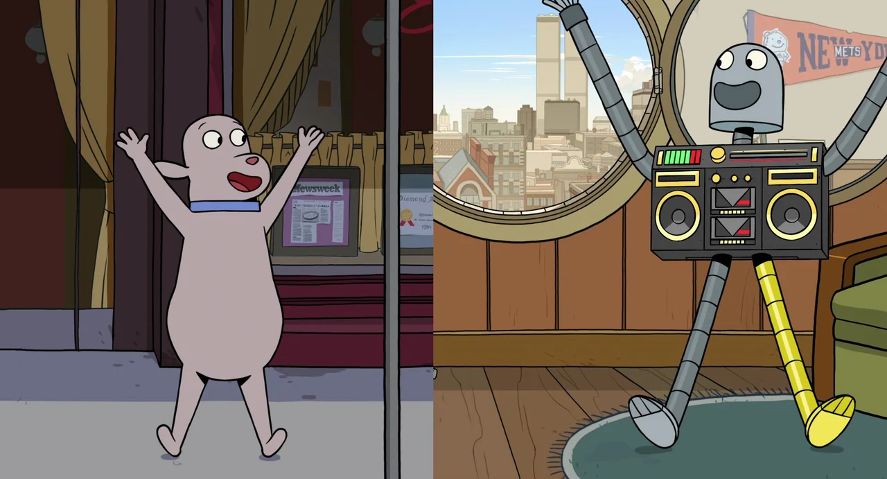 Robot Dreams (2023) movie still: wide — An apartment interior features a split-screen view of a dog and a robot. The characters stand with arms…