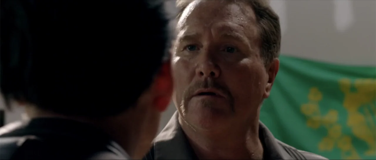 Rage (2014) movie still: closeup — An interior space contains a middle-aged man with a mustache in front of a flag. He looks toward an unseen…