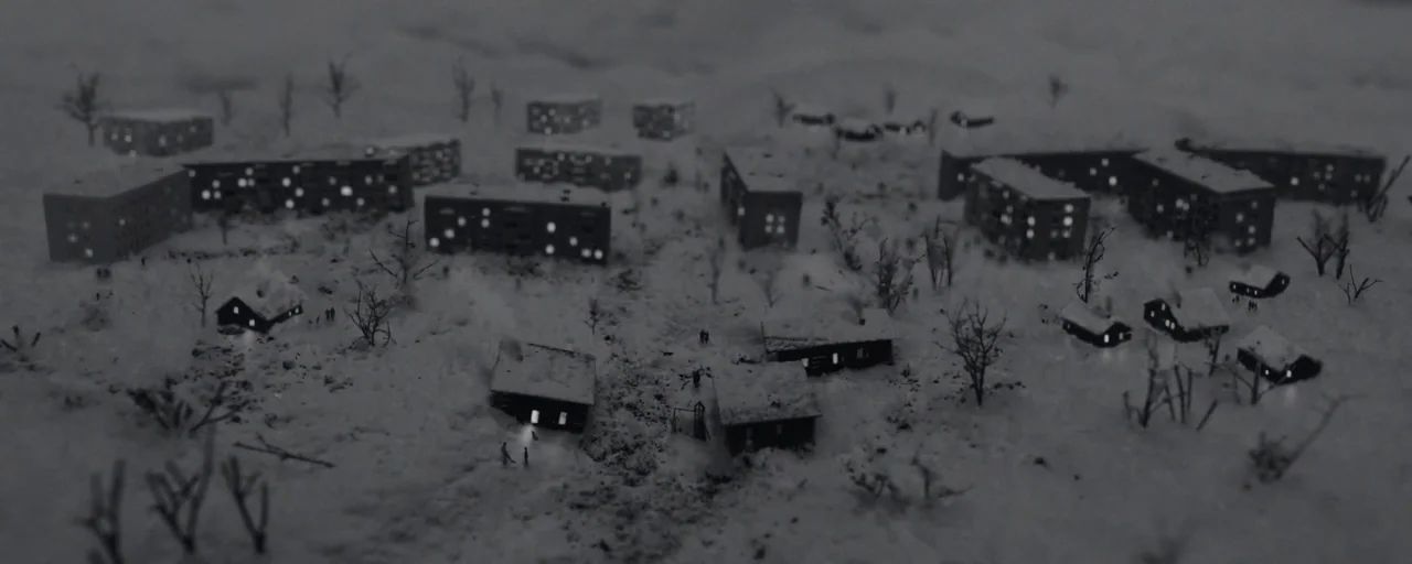 Petrov’s Flu (2021) movie still: establishing — A miniature model of a bleak, snow-covered village features small buildings and scattered trees.…