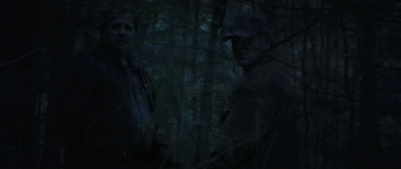 In the Bedroom (2001) movie still: medium — Two men stand together in a dark, densely packed forest at night. The dim light reveals silhouettes of…
