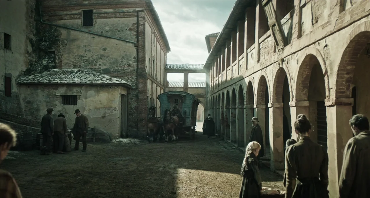 Pinocchio (2022) movie still: wide — An old stone courtyard features arched walkways and weathered brick buildings under cloudy skies. A group of…