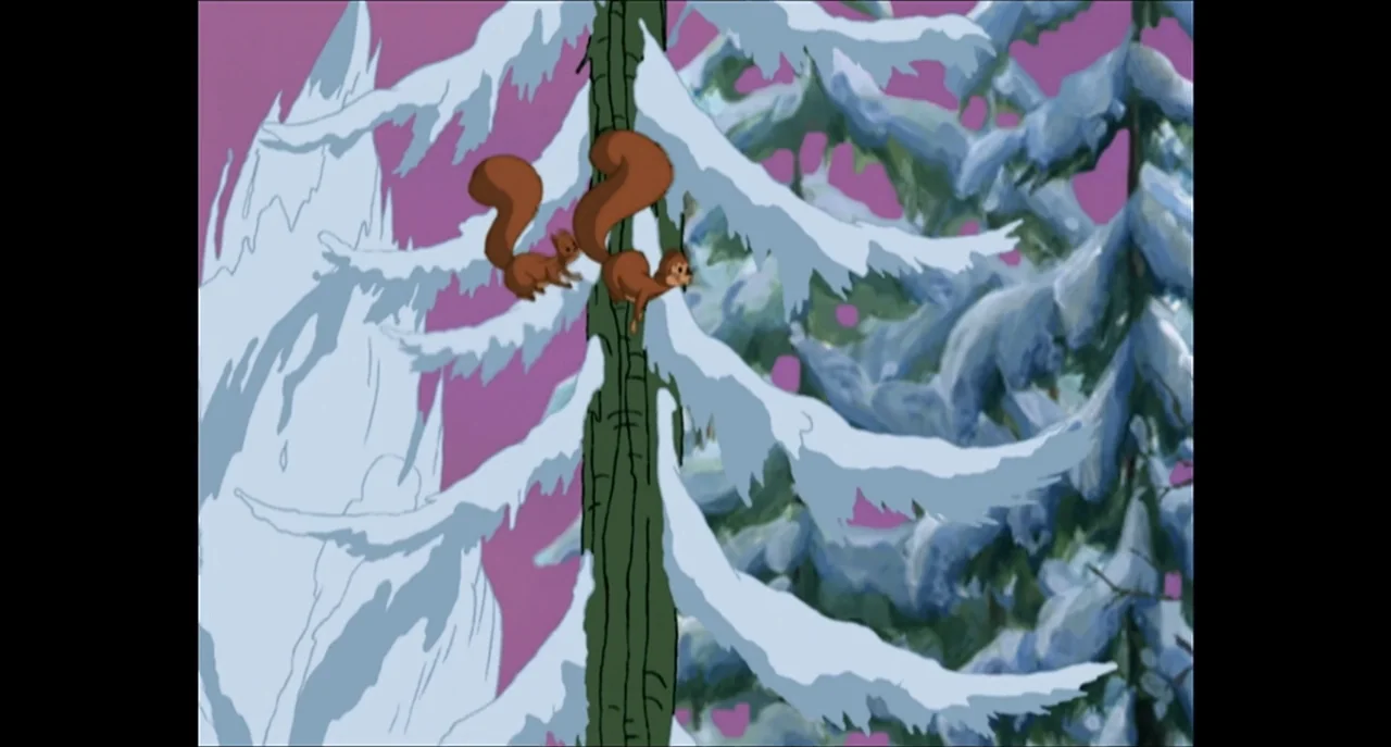 The Sissy Duckling (1999) movie still: medium — A cartoon 2D winter scene shows pine trees covered in heavy white snow. Two small brown squirrels…