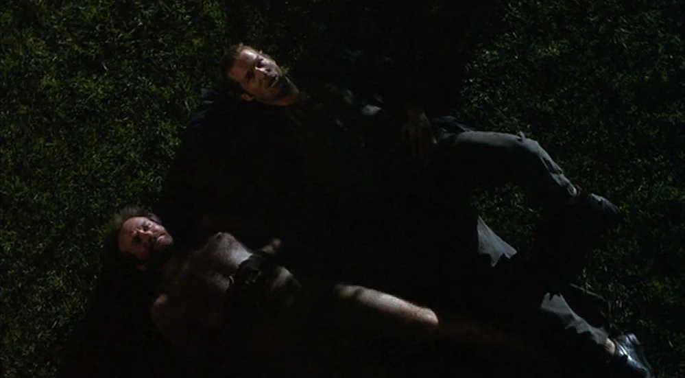 The Fisher King (1991) movie still: medium — Two men are lying on a dark expanse of grass at night. They rest close together while looking upward…