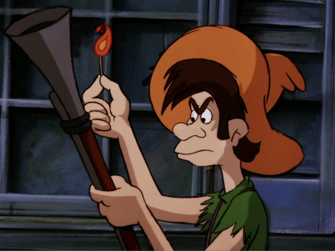 Scooby-Doo! Meets the Boo Brothers (1987) movie still: medium — A cartoon man in a green shirt stands before a dark windowed building exterior. He…