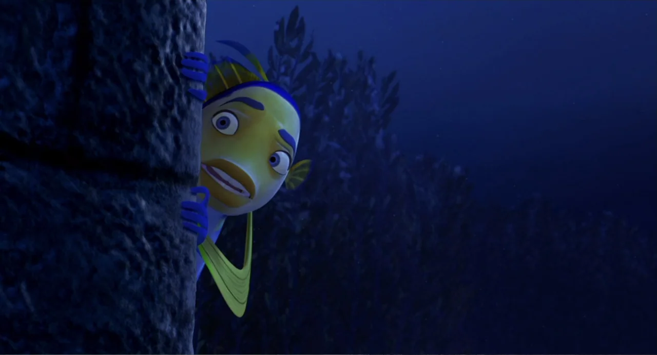 Shark Tale (2004) movie still: medium — A dark underwater environment features tall seaweed stalks swaying in the deep blue currents. A yellow fish…