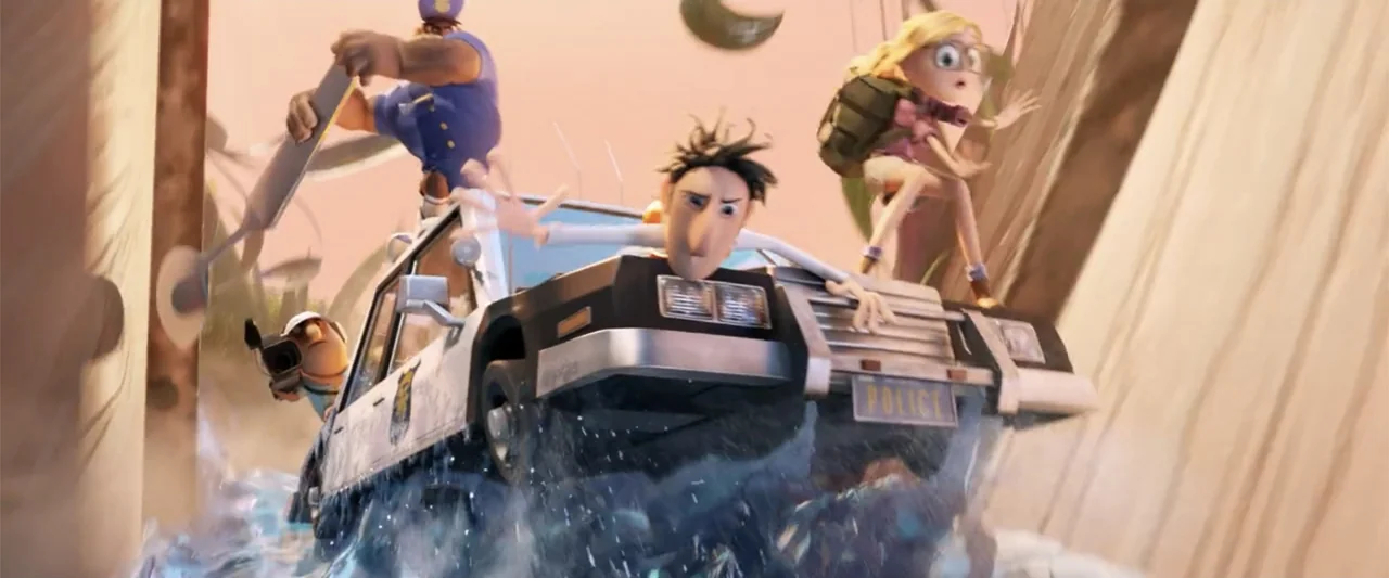 Cloudy with a Chance of Meatballs 2 (2013) movie still: medium — A police car floats partially submerged in rushing water. Three individuals hold…