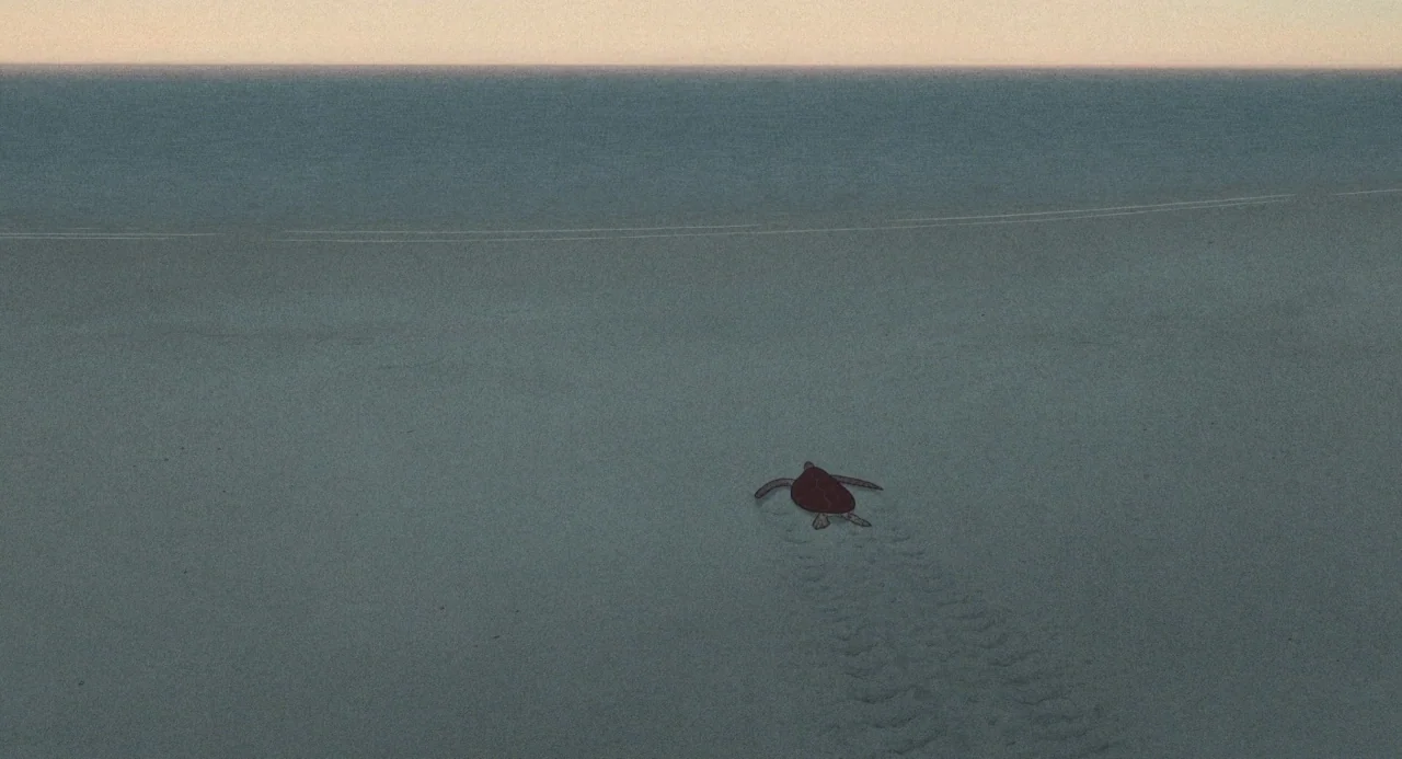 The Red Turtle (2016) movie still: wide — A flat sandy beach stretches toward a distant horizon line under a pale sky. A lone sea turtle crawls…