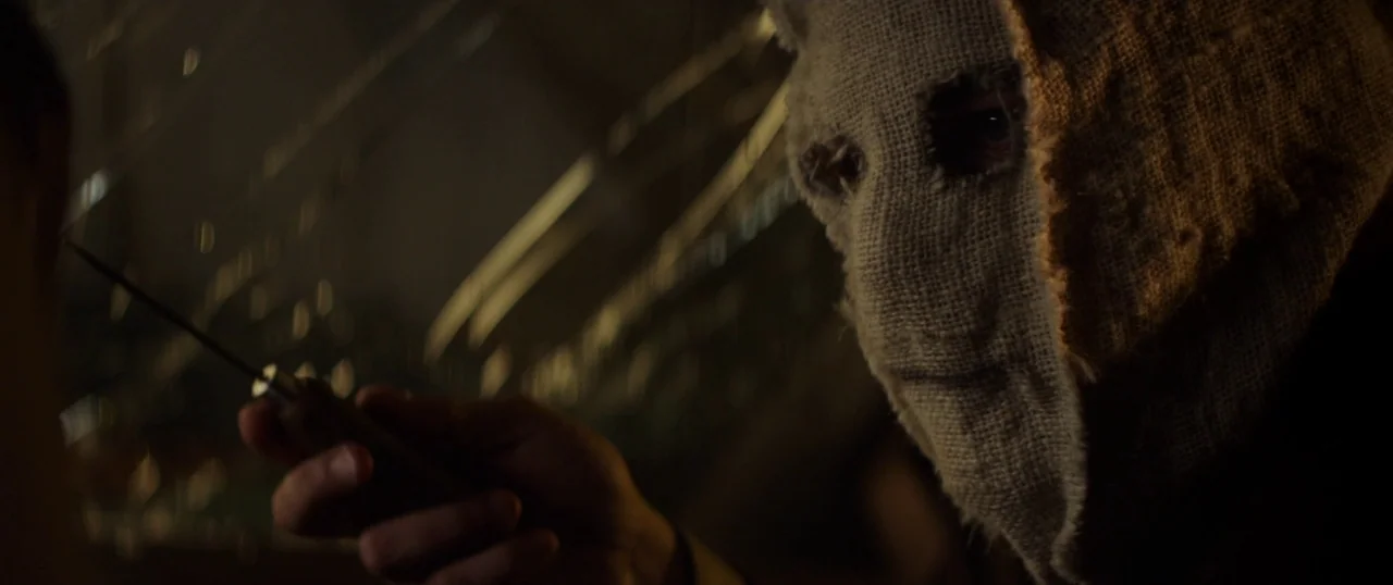 The Strangers: Prey at Night (2018) movie still: closeup — A dimly lit, dark space surrounds the subjects. A person wearing a coarse burlap mask…